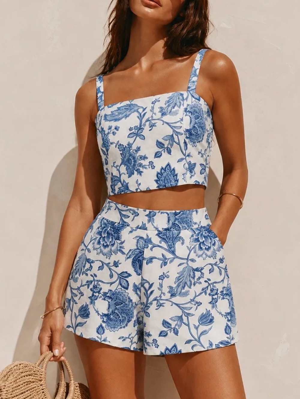 Commense Blue and White Floral High Waist Short Set